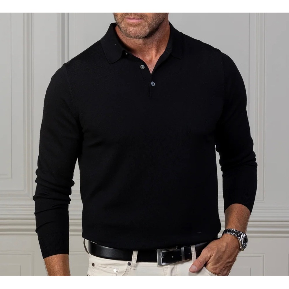 Collars & Co. Mens Black Three Button Long Sleeve Merino Wool Polo Medium NWOT